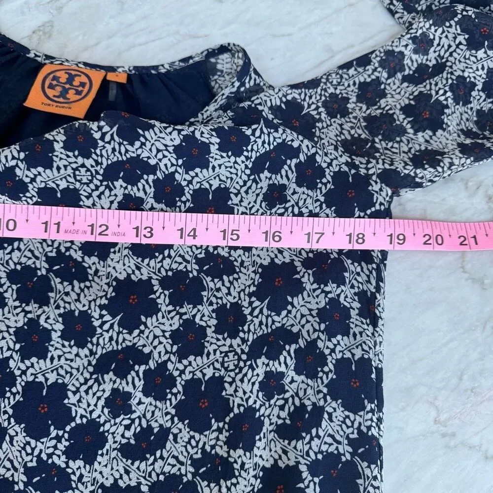 TORY BURCH 100% silk Floral Print blouse with Semi See Through Long Sleeve Sz 6